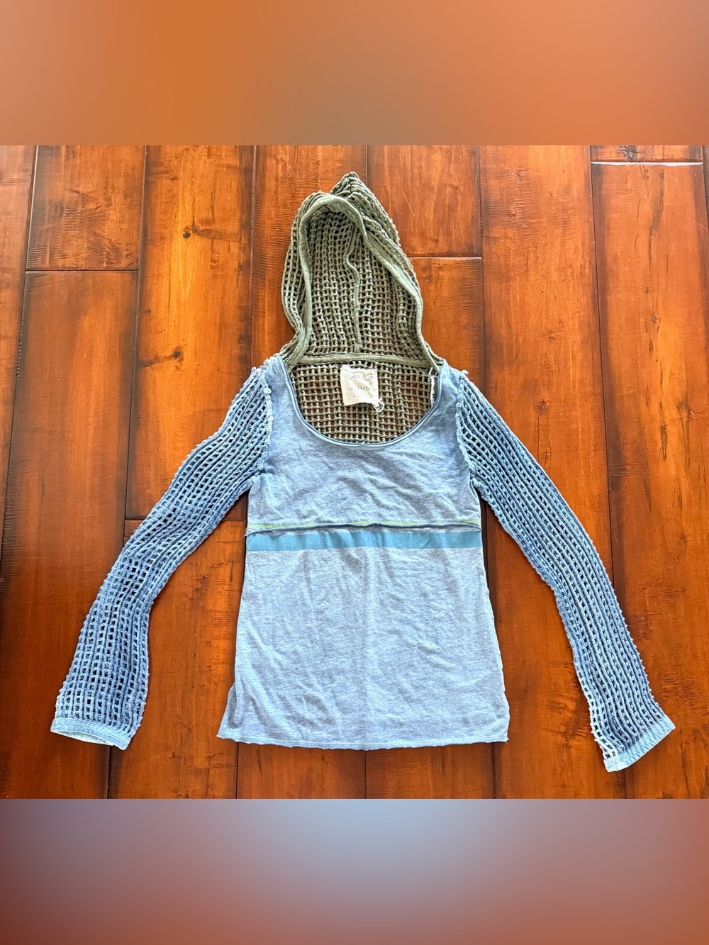 We The Free Light Blue Tank with Olive Crochet Hooded Sleeves